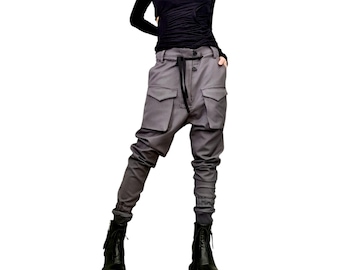 Avant-garde Drop Crotch Pants for Women – Asymmetrical Tapered Leg Pants with Pockets – Urban Punk Techwear Trousers Outer pockets