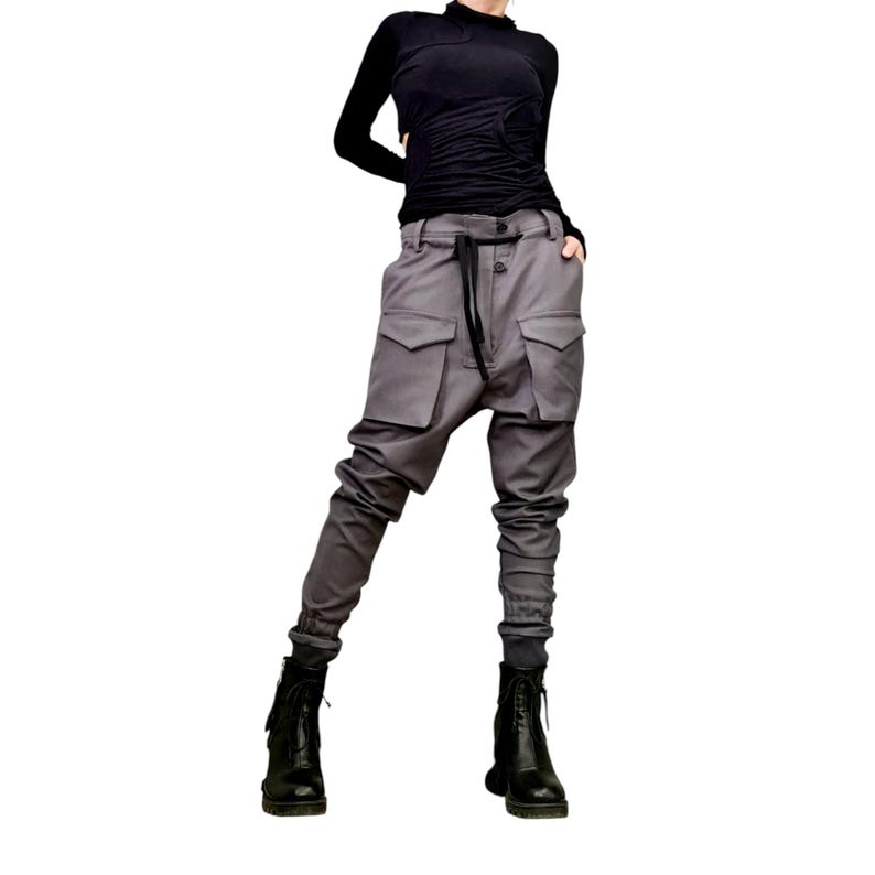 Avant-garde Drop Crotch Pants, Grey Tapered Leg Pants, Cargo Trousers ...