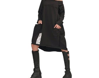 Black Oversized Asymmetric Dress, Extravagant One Shoulder High Low Tunic
