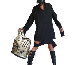Zwarte linnen gotische tuniek / lange shirtjurk vlas voor dames / donkere kleding
