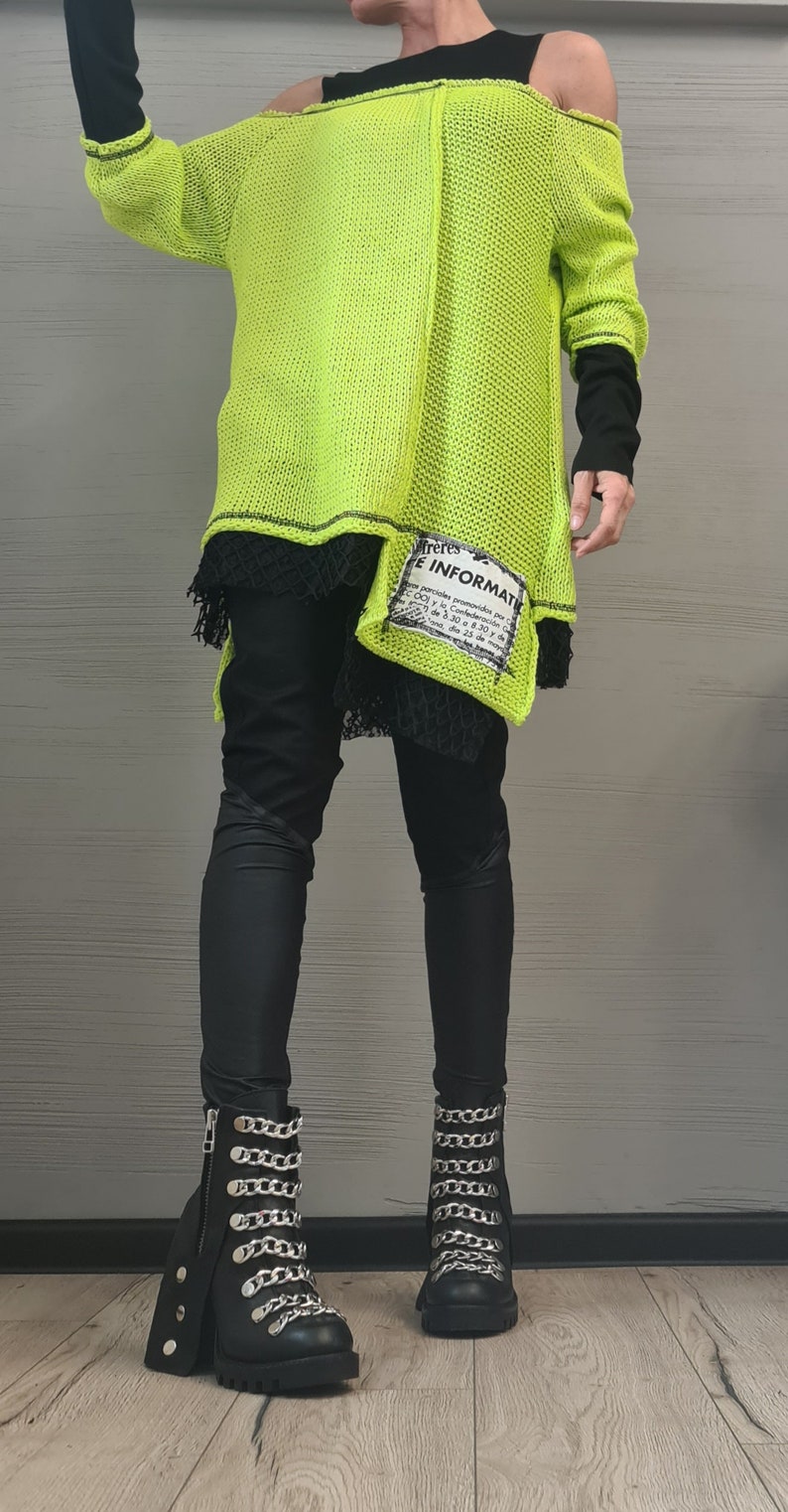 Lime Asymmetric Knitted Tunic, Bare Shoulder Blouse, Plus Size Sweater image 4
