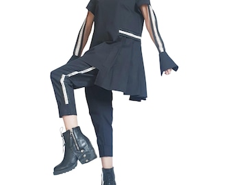 Black Asymmetric Pants Set, Extravagant Blouse Wide Leg Pants, Elegant Costume
