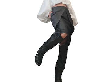Denim Skirt Pants, Asymmetric Wrap Trousers, Deconstructed Avant Garde Workwear, High Waist