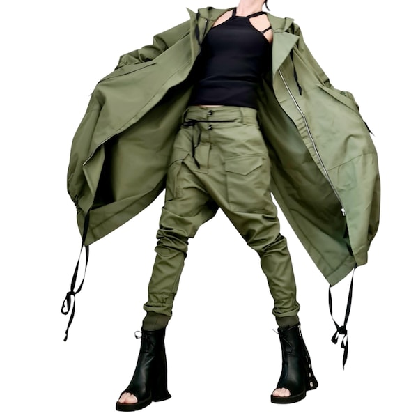 Conjunto de gabardina militar, pantalones cargo vanguardistas y chaqueta con capucha, atuendo extravagante de algodón, conjunto asimétrico de estilo urbano.