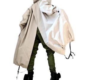 Asymmetrical Hooded Jacket, Light Beige Trench Coat, Maxi Blazer