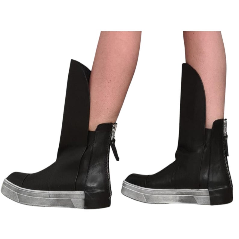 Black Leather Platform Sneakers for Women, Avant Garde High Tongue Boots with Back Zipper image 5