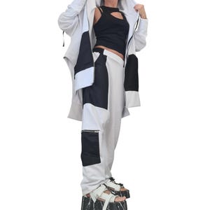 White Black Patchwork Harem Pants, Oversized Long Hooded Jacket, Contrast Panels, Two-Piece Co-Ord Set