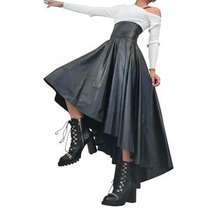 Eco Leather High Waist Asymmetric Skirt, Extravagant Black Gothic Skirt image 1