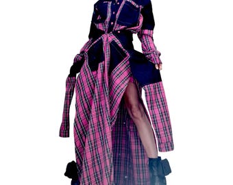 Pink Plaid Deconstructed Shirt Dress for Women, Asymmetric Layered Tunic, Avant Garde Oversize Shirt
