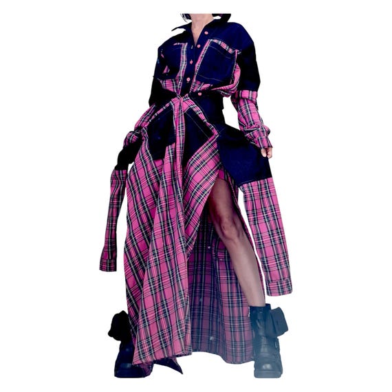 Pink Plaid Deconstructed Shirt Dress for Women, Asymmetric Layered Tunic,  Avant Garde Oversize Shirt