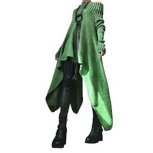 Green Asymmetric Knitted Top, Open Shoulder Sweater, Plus Size Long Sleeve Tunic