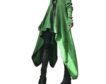 Green Plus Size  Knitted Top, Open Shoulder Long Sleeve Sweater