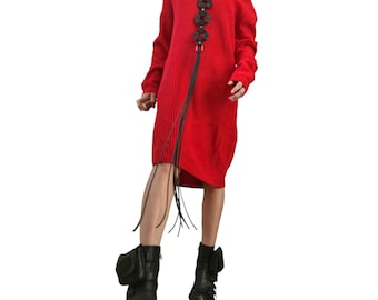 Red Oversized Knit Sweater Dress, Cold Shoulder Turtleneck Tunic, Plus Size Long Sleeve