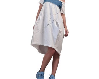 French Terry Cotton Asymmetric One Shoulder Dress, Relaxed Fit, High Low Hem