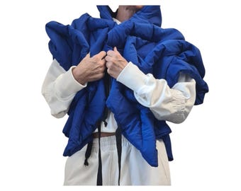 Royal Blue Cropped Puffer Vest, Asymmetric Quilted Panels, Oversized Sleeveless Fit, Plus Size
