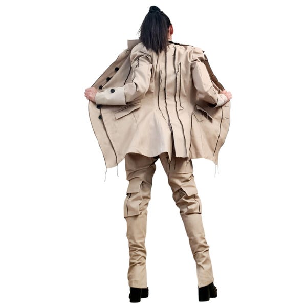 Disfraz extravagante de mezclilla para mujer, blazer asimétrico de vanguardia, pantalones cargo.
