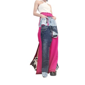 Long Cotton Skirt Switcher Set, Fuchsia Pink Handmade Outfit with Denim Elements, Asymmetrical Long Skirt Long Sleeve Top, Avant-Garde Set image 7