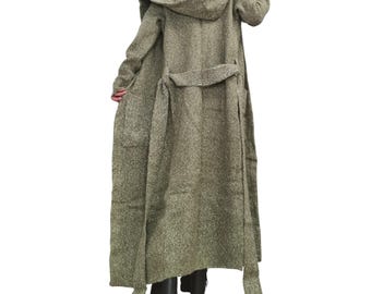 Olive Green Hooded Cardigan for Women, Oversize Maxi Knit Sweater, Plus Size Clothing