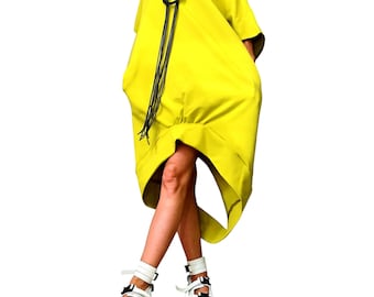 Yellow Cotton Asymmetric Tunic, Sleeveless Loose Long Top
