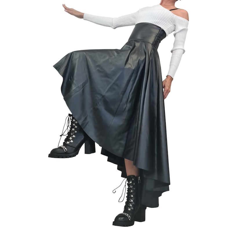 Eco Leather High Waist Asymmetric Skirt, Extravagant Black Gothic Skirt image 6