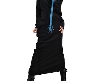 Extravagant Asymmetric Black Cotton Dress, Plus Size Clothing