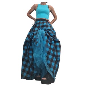 Tulle Asymmetric Skirt, Turquoise Blue Brown Plaid Ball, Long Short Skirt image 10