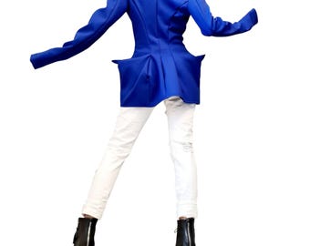 Casaco assimétrico azul de neoprene | Blazer feminino extravagante e vanguardista | DDP EUA