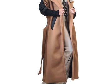 Beige Wool Avant Garde Long Coat, Plus Size Overcoat