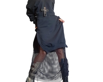 Long Gothic Dress: Black Cotton, Asymmetric Design - Boho Style
