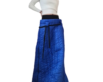 Royal Blue Quilted Maxi Skirt, Avant-Garde Puffer Winter Skirt, High Waist A Line, Zip Detail