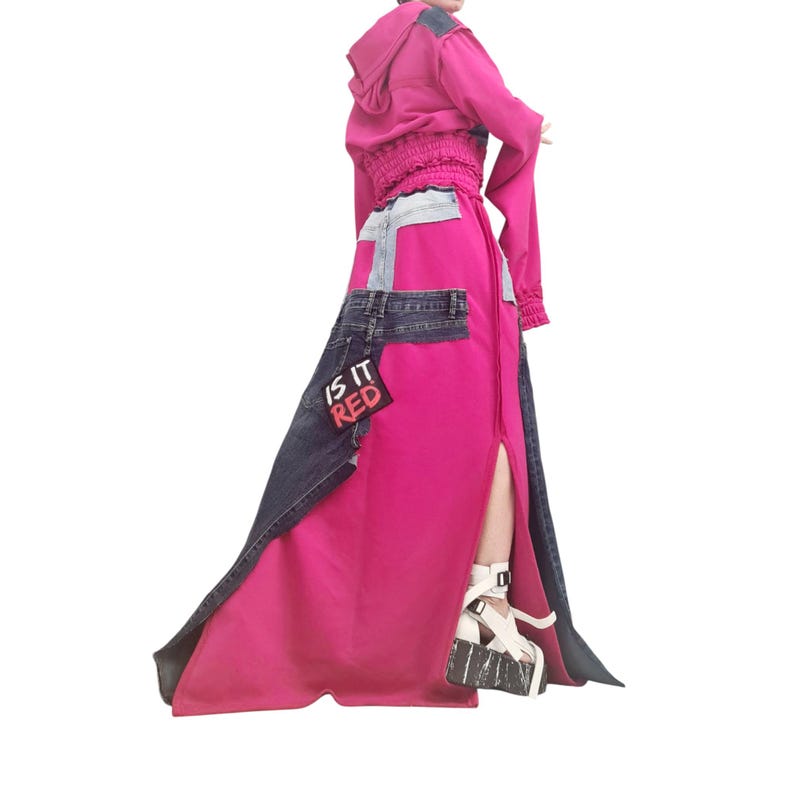 Long Cotton Skirt Switcher Set, Fuchsia Pink Handmade Outfit with Denim Elements, Asymmetrical Long Skirt Long Sleeve Top, Avant-Garde Set image 2