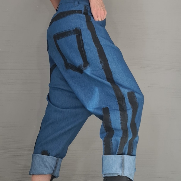 New collection Casual Denim Harem Pants, Extravagant Pants, Unisex Denim, Women Painted Denim Harem, DRESSSHOESCODE