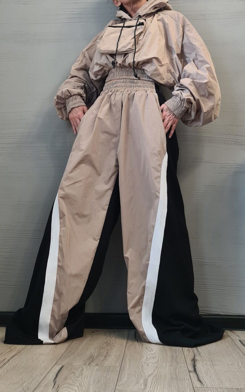 Asymmetrical Women's Set, Wide Leg Cotton Pants with Windproof Fabric Details, Windproof Hoodie image 10