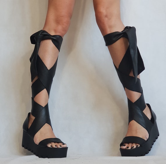 Black Lace Up Clear Wedge Heels Transparent Strappy Sandals | Up2Step