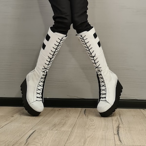 White Leather Gladiator Boots , High Platform Boots, Steampunk Boots, Women Platform Boots, Gothic Shoes, Leather Wedges, Strappy Boots