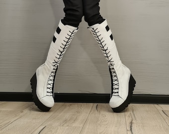 Bottes gladiateur en cuir blanc, bottes à plateforme haute, bottes Steampunk, bottes à plateforme pour femmes, chaussures gothiques, coins en cuir, bottes à lanières