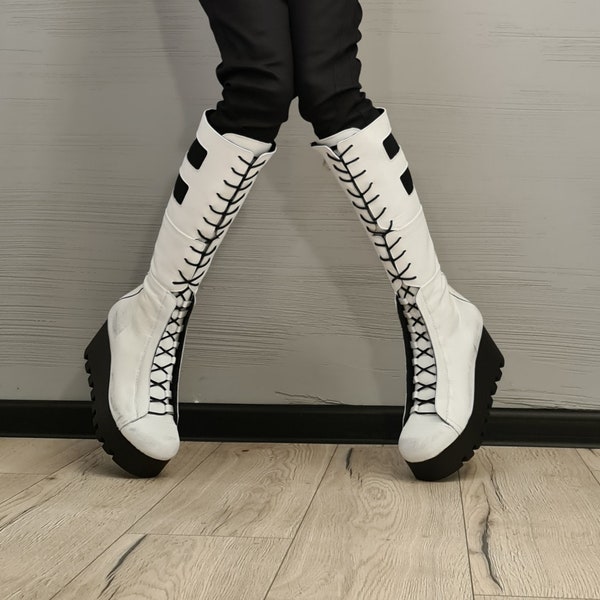 White Leather Gladiator Boots , High Platform Boots, Steampunk Boots, Women Platform Boots, Gothic Shoes, Leather Wedges, Strappy Boots