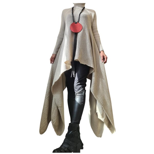 Beige Asymmetric Women Knit Tunic, Long Turtleneck Sweater, Avant Garde Handmade Clothing, DDP USA