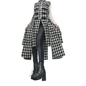 Black and White Houndstooth Maxi Vest, Asymmetric Hem, Buckle Closures, Plus Size Coat