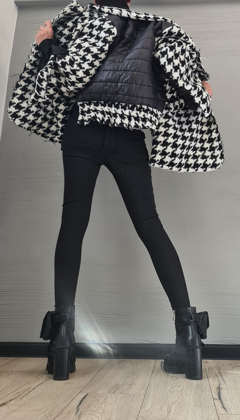 Black and White Houndstooth Wool Coat, Oversized Winter Jacket, Quilted Puffer Lining image 9