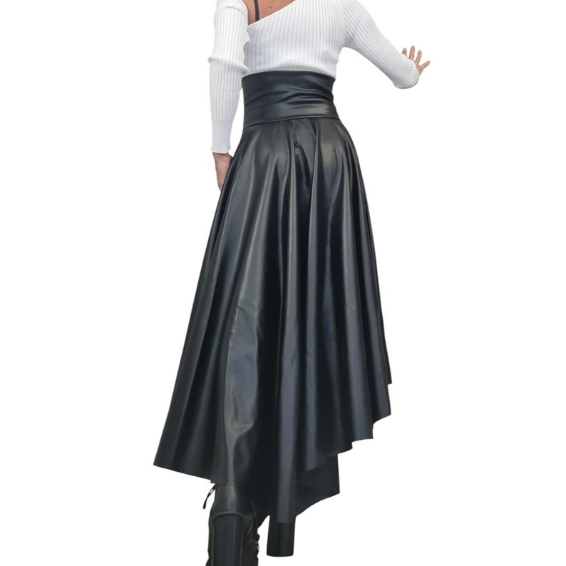 Eco Leather High Waist Asymmetric Skirt, Extravagant Black Gothic Skirt image 7