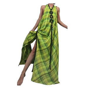 Vestido largo de lino a cuadros color lima para mujer, caftán asimétrico sin mangas, vestido con espalda descubierta.