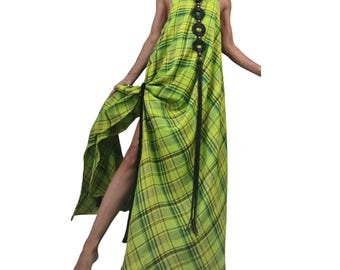 Lime Plaid Linen Maxi Dress for Women, Sleeveless Asymmetric Kaftan, Open Back Dress