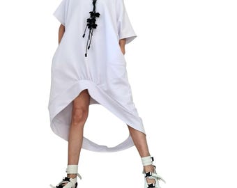 Extravagant Asymmetric Cotton Tunic, Oversize Sleeveless Dress