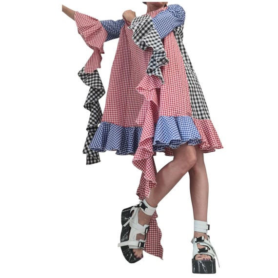 Extravagant Plaid Asymmetric Knee-Length Dress, Plus Size Cotton Tunic