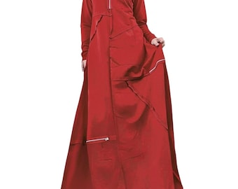 Red Cotton Asymmetric Maxi Dress, Exposed Seam Kaftan, Zipper Detail, Short Long Sleeve
