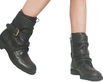 Botas de cuero negro, botines góticos, calzado steampunk grunge para mujer.