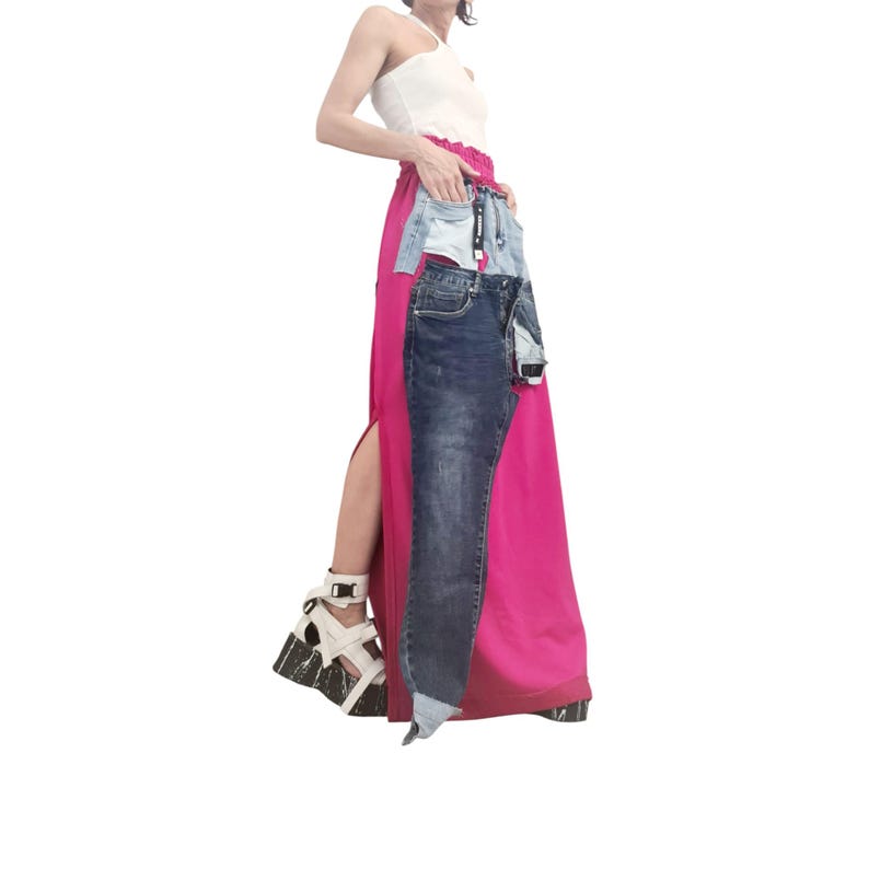 Long Cotton Skirt Switcher Set, Fuchsia Pink Handmade Outfit with Denim Elements, Asymmetrical Long Skirt Long Sleeve Top, Avant-Garde Set image 8