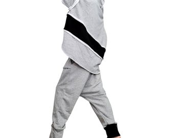 Avant Garde Gray Black Cotton Harem Pant Set, Oversized Hooded Top