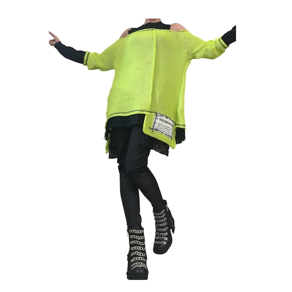 Lime Asymmetric Knitted Tunic, Bare Shoulder Blouse